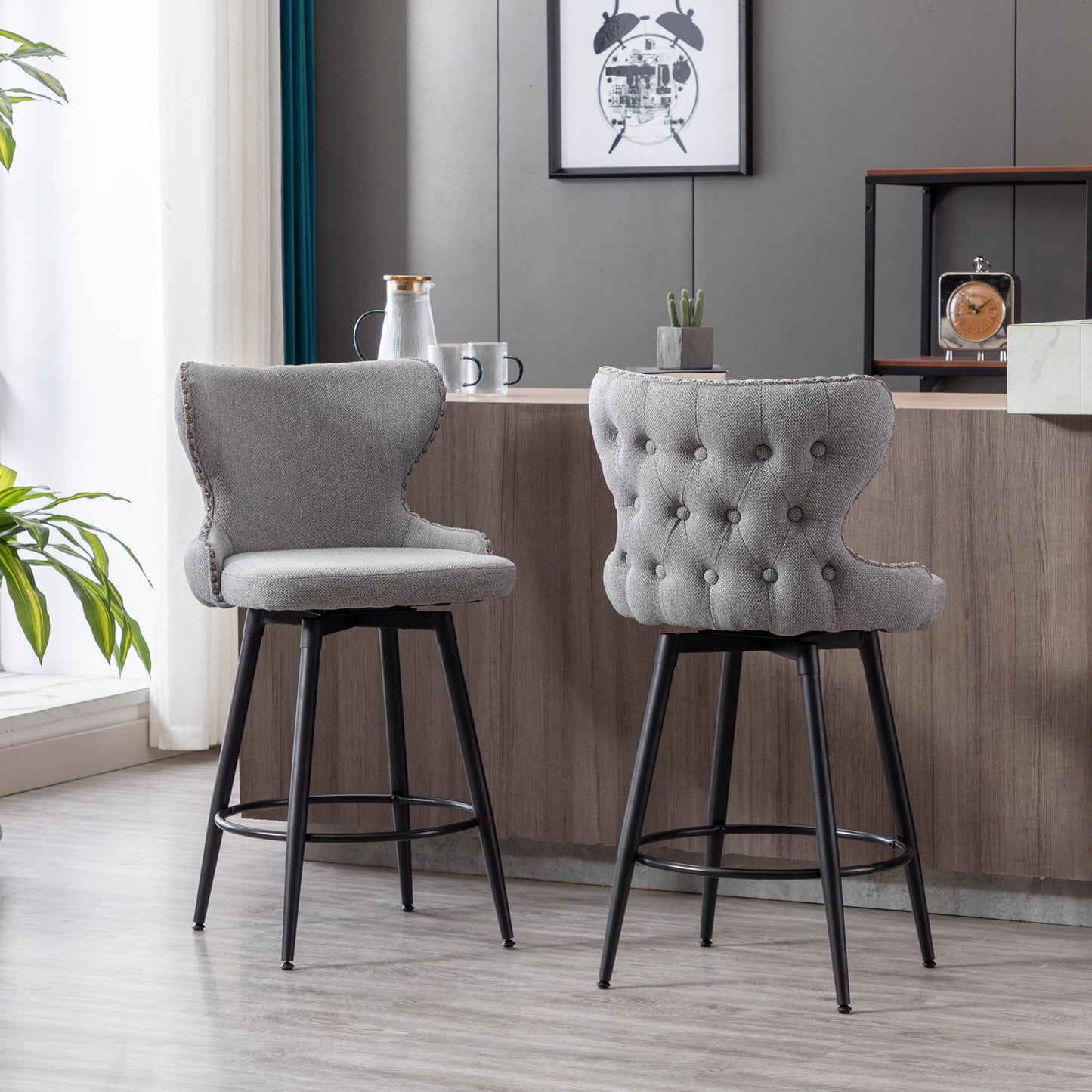 2pcs Gold Accent Bar Stools Tufted Fabric Upholstery with Nailhead and Black Legs- Gray_4