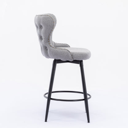 2pcs Gold Accent Bar Stools Tufted Fabric Upholstery with Nailhead and Black Legs- Gray_11