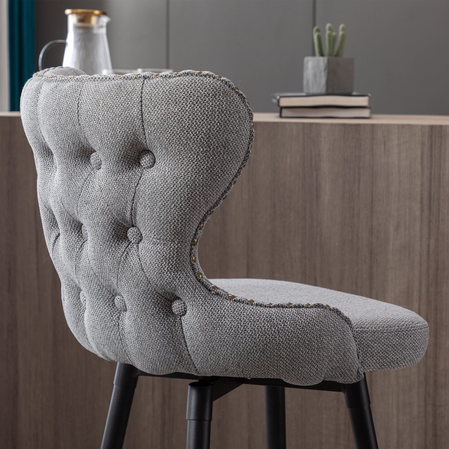 2pcs Gold Accent Bar Stools Tufted Fabric Upholstery with Nailhead and Black Legs- Gray_6