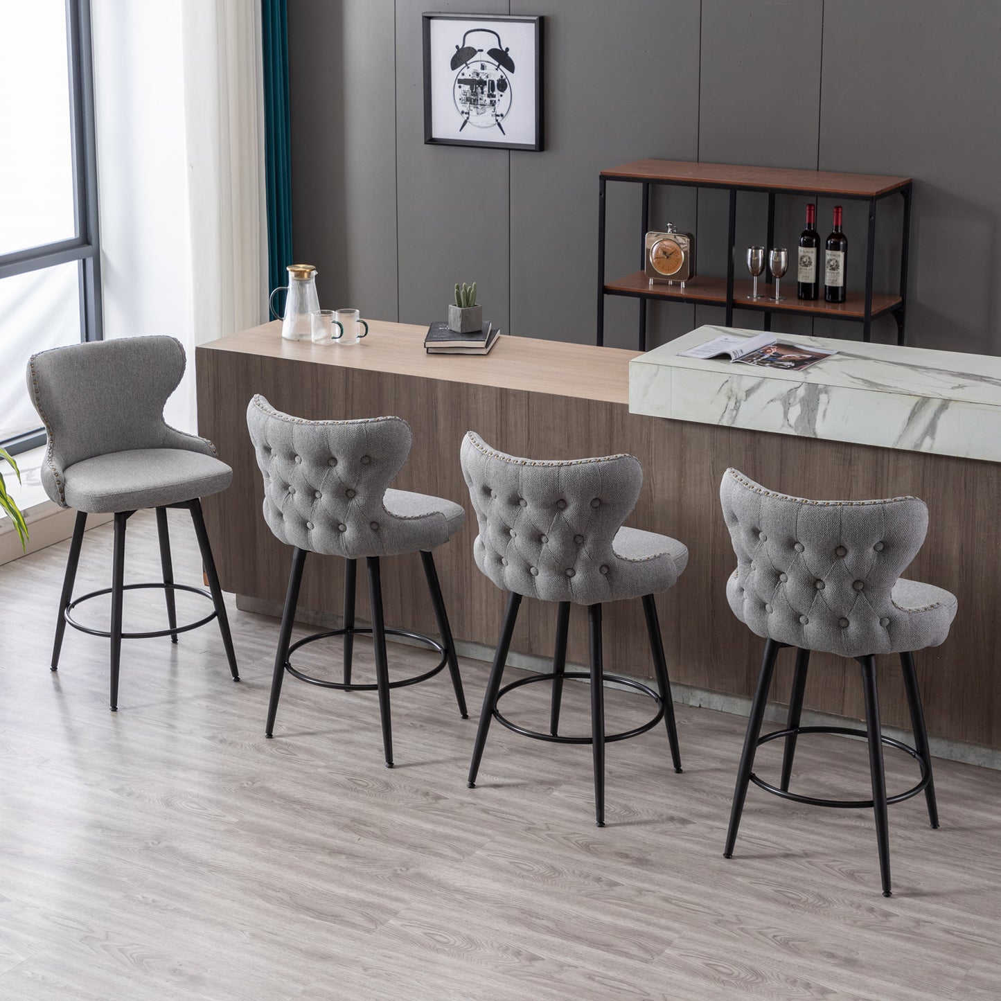 2pcs Gold Accent Bar Stools Tufted Fabric Upholstery with Nailhead and Black Legs- Gray_2