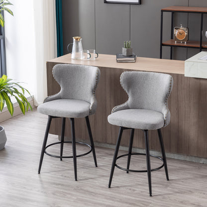 2pcs Gold Accent Bar Stools Tufted Fabric Upholstery with Nailhead and Black Legs- Gray_5