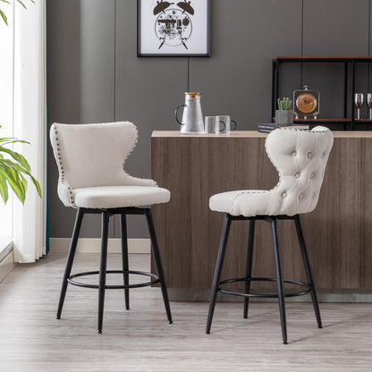 2pcs Gold Accent Bar Stools Tufted Fabric Upholstery with Nailhead and Black Legs- Beige_1