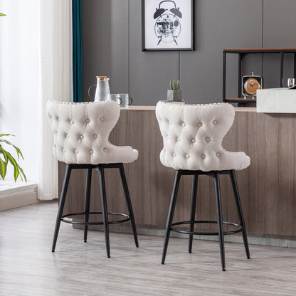 2pcs Gold Accent Bar Stools Tufted Fabric Upholstery with Nailhead and Black Legs- Beige_4