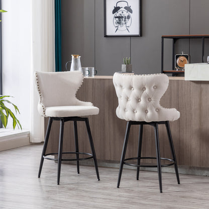 2pcs Gold Accent Bar Stools Tufted Fabric Upholstery with Nailhead and Black Legs- Beige_3