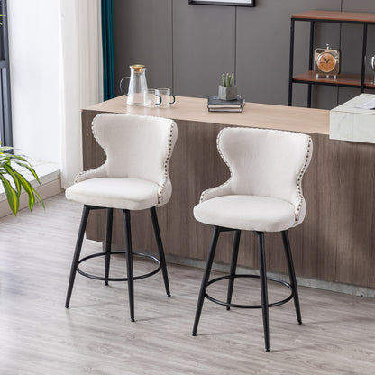 2pcs Gold Accent Bar Stools Tufted Fabric Upholstery with Nailhead and Black Legs- Beige_2