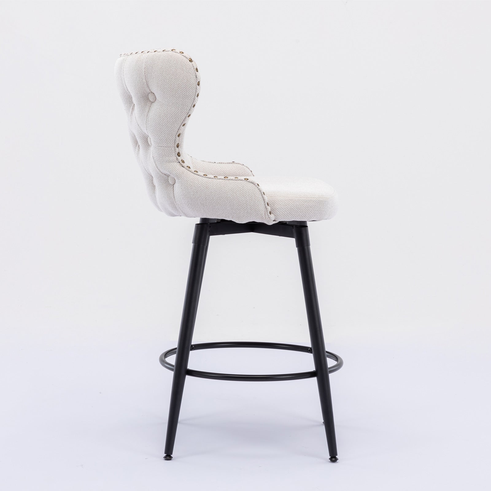 2pcs Gold Accent Bar Stools Tufted Fabric Upholstery with Nailhead and Black Legs- Beige_8