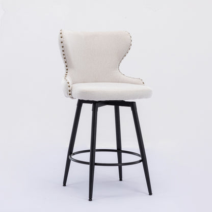 2pcs Gold Accent Bar Stools Tufted Fabric Upholstery with Nailhead and Black Legs- Beige_7
