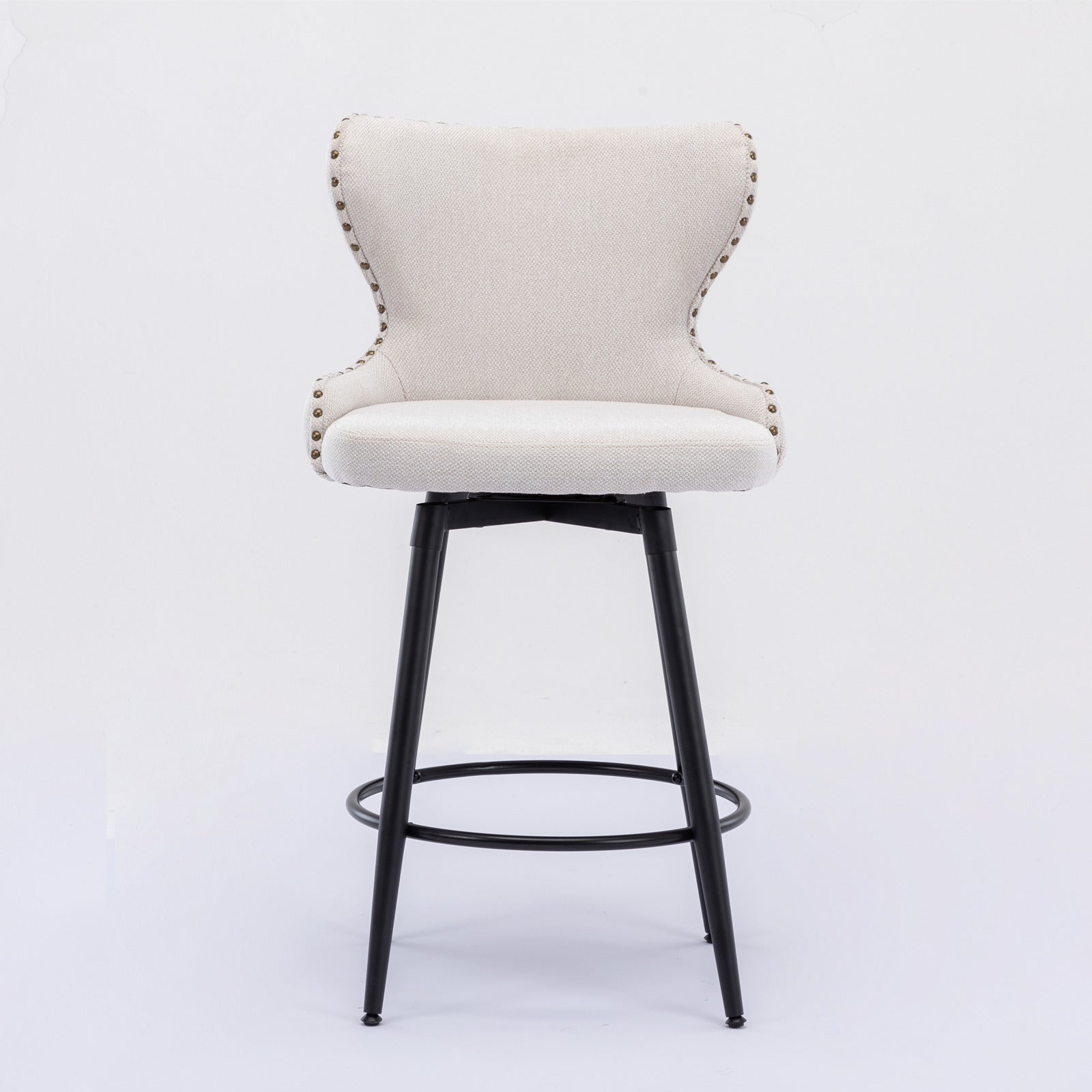 2pcs Gold Accent Bar Stools Tufted Fabric Upholstery with Nailhead and Black Legs- Beige_6