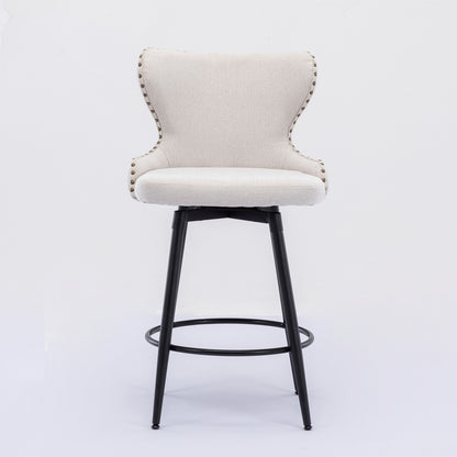 2pcs Gold Accent Bar Stools Tufted Fabric Upholstery with Nailhead and Black Legs- Beige_6