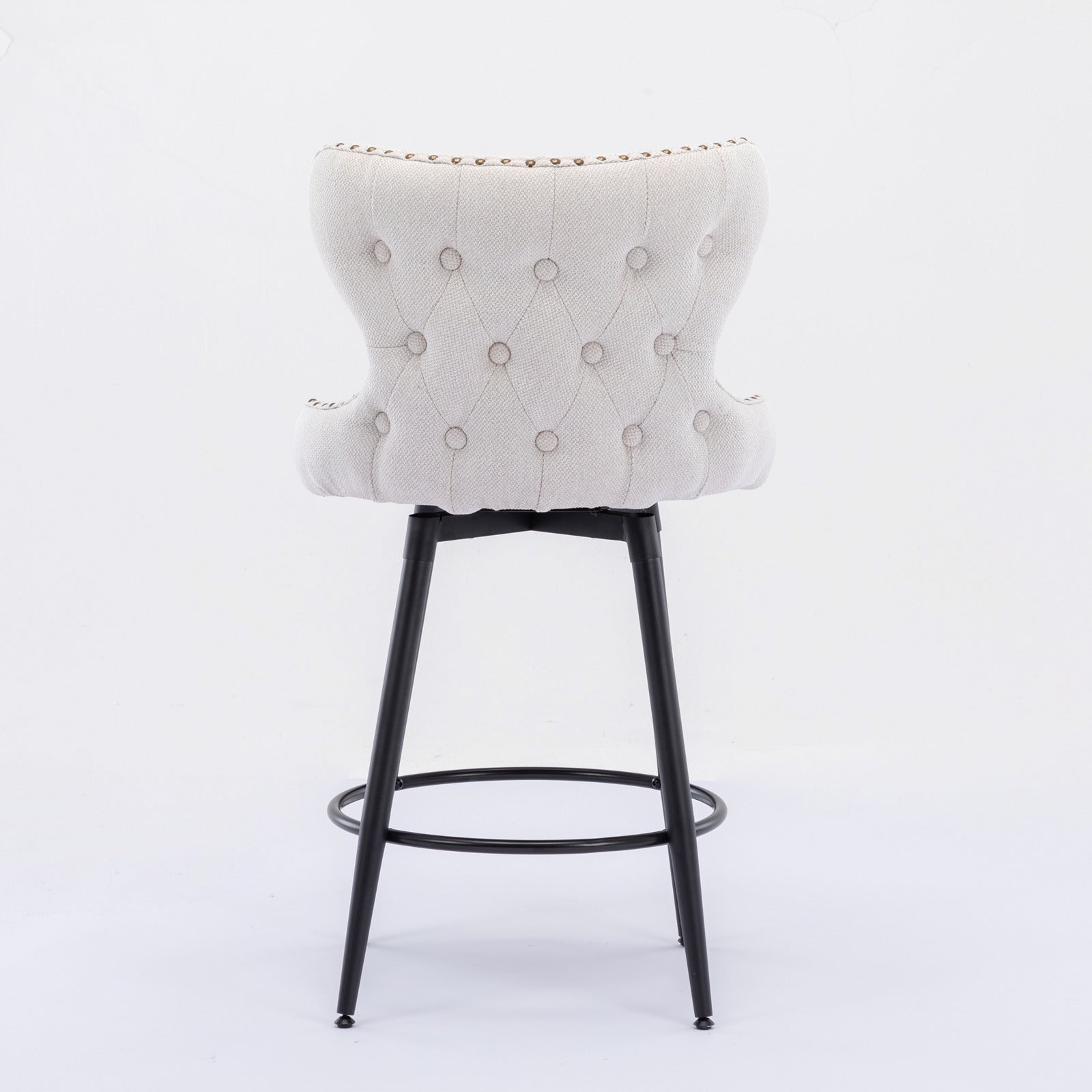 2pcs Gold Accent Bar Stools Tufted Fabric Upholstery with Nailhead and Black Legs- Beige_10
