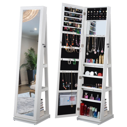 360° Swivel Full-Length Mirror and Lockable Jewelry Cabinet Organizer- White_1