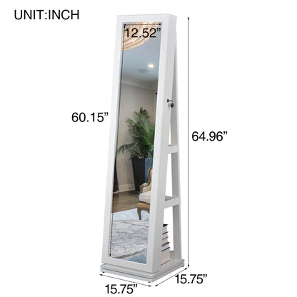 360° Swivel Full-Length Mirror and Lockable Jewelry Cabinet Organizer- White_3
