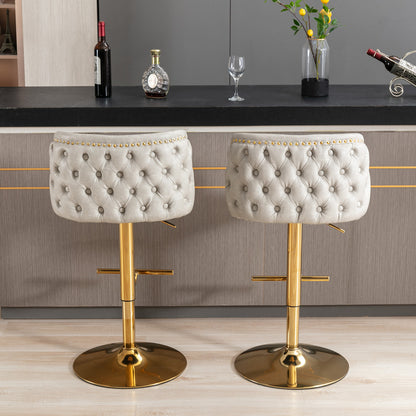Set of 2 Gold Details Upholstered Whole Back Tufted PU Armless Bar Stools- Beige_17