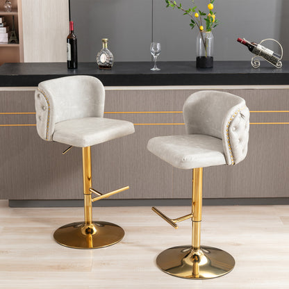 Set of 2 Gold Details Upholstered Whole Back Tufted PU Armless Bar Stools- Beige_14