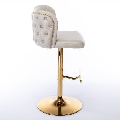 Set of 2 Gold Details Upholstered Whole Back Tufted PU Armless Bar Stools- Beige_4