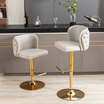 Set of 2 Gold Details Upholstered Whole Back Tufted PU Armless Bar Stools- Beige_16