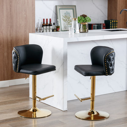 Set of 2 Gold Details Upholstered Whole Back Tufted PU Armless Bar Stools- Black_16