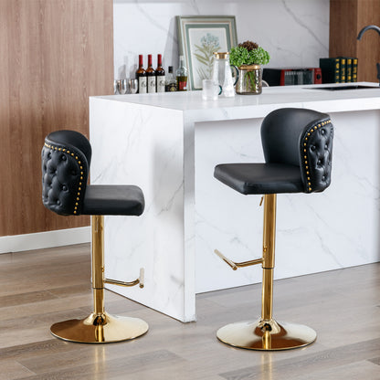 Set of 2 Gold Details Upholstered Whole Back Tufted PU Armless Bar Stools- Black_20