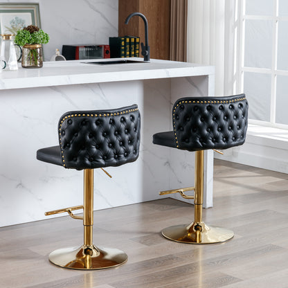 Set of 2 Gold Details Upholstered Whole Back Tufted PU Armless Bar Stools- Black_18