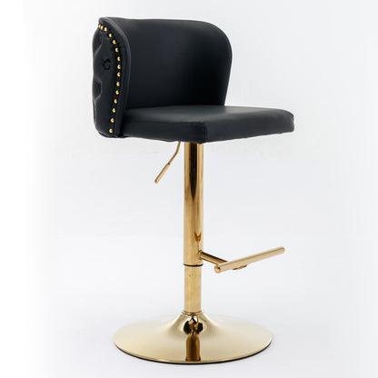 Set of 2 Gold Details Upholstered Whole Back Tufted PU Armless Bar Stools- Black_3
