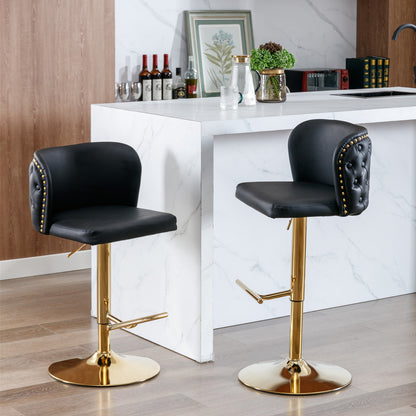 Set of 2 Gold Details Upholstered Whole Back Tufted PU Armless Bar Stools- Black_19