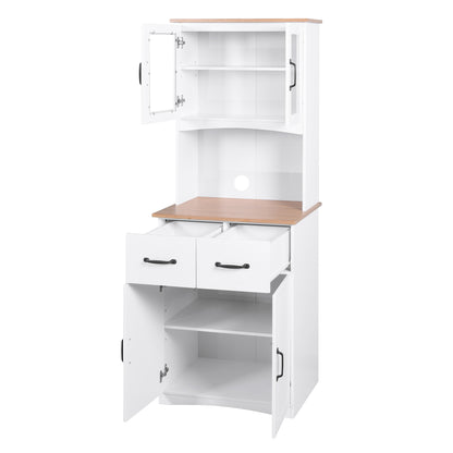 Wooden Pantry Room Microwave Storage with Framed Glass Doors and Drawer- White_4