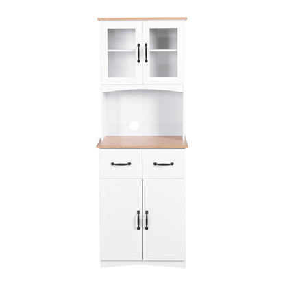 Wooden Pantry Room Microwave Storage with Framed Glass Doors and Drawer- White_8