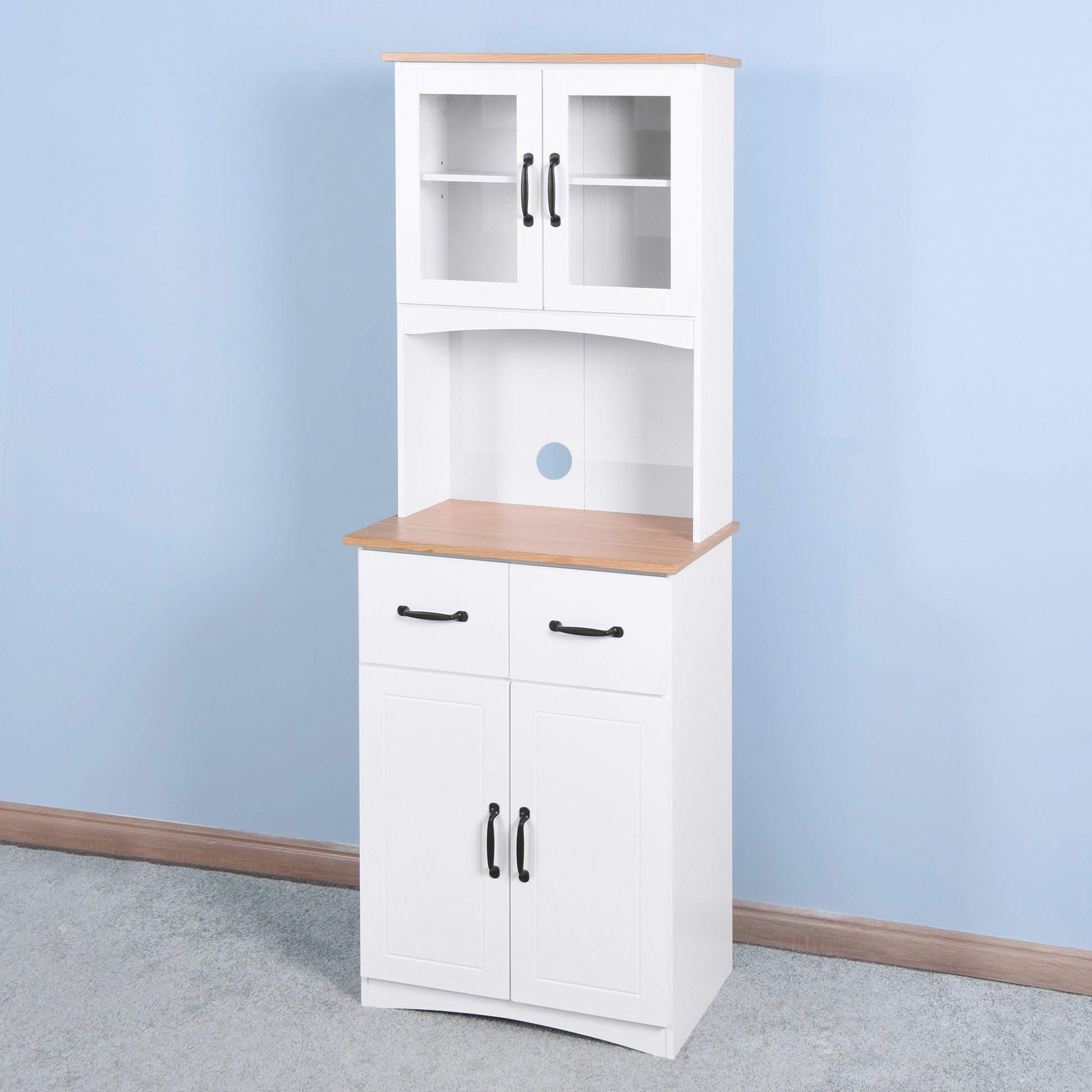 Wooden Pantry Room Microwave Storage with Framed Glass Doors and Drawer- White_3