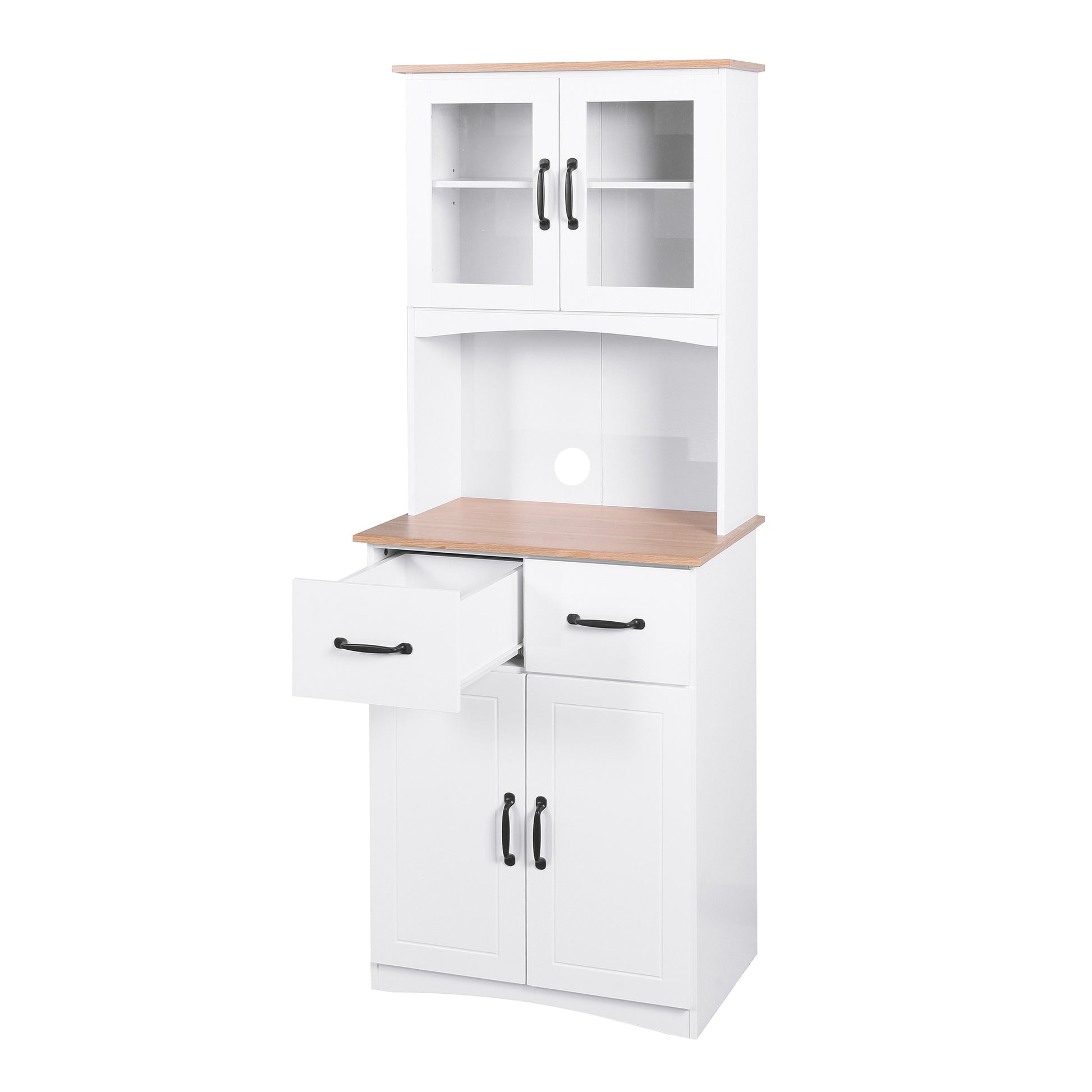 Wooden Pantry Room Microwave Storage with Framed Glass Doors and Drawer- White_15