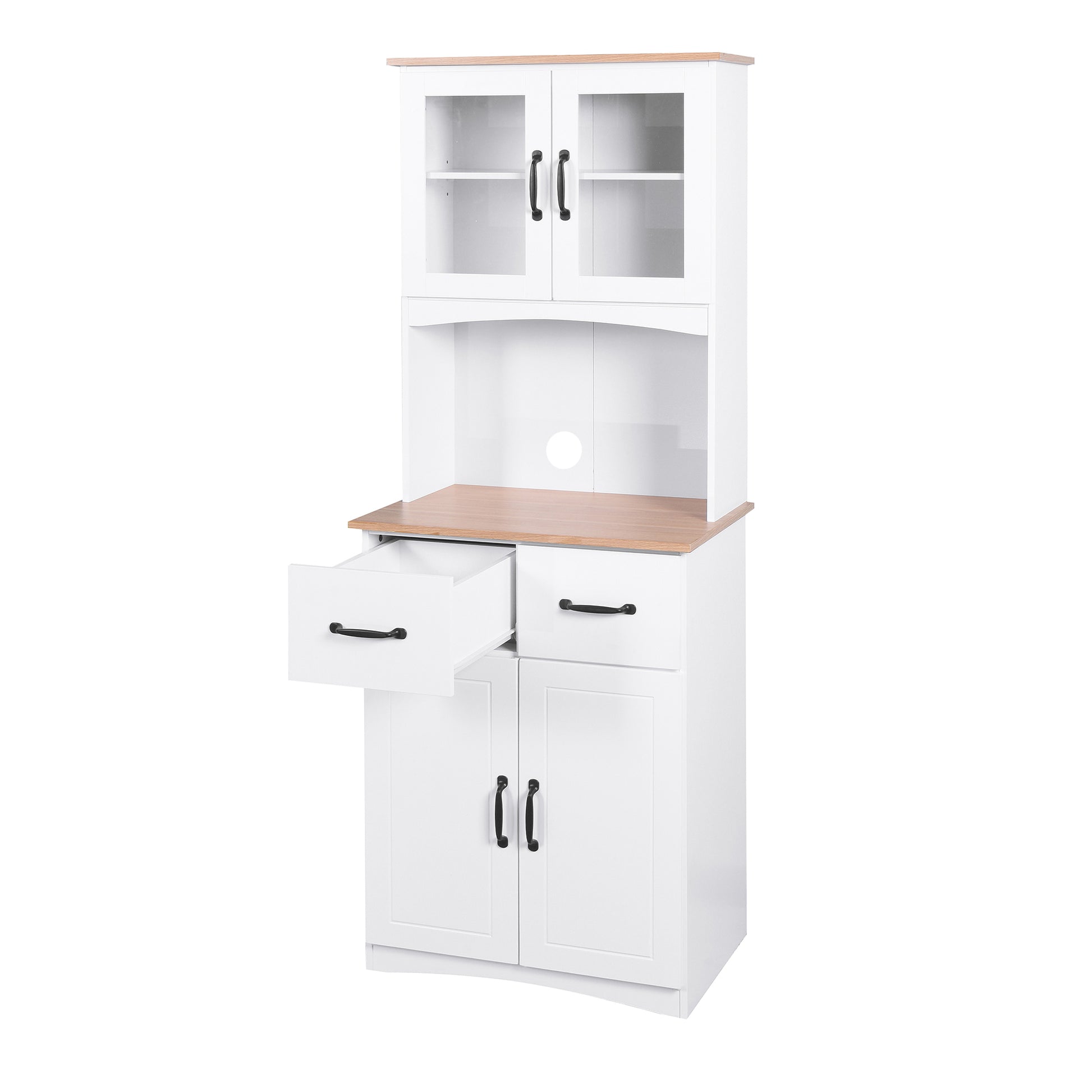 Wooden Pantry Room Microwave Storage with Framed Glass Doors and Drawer- White_13