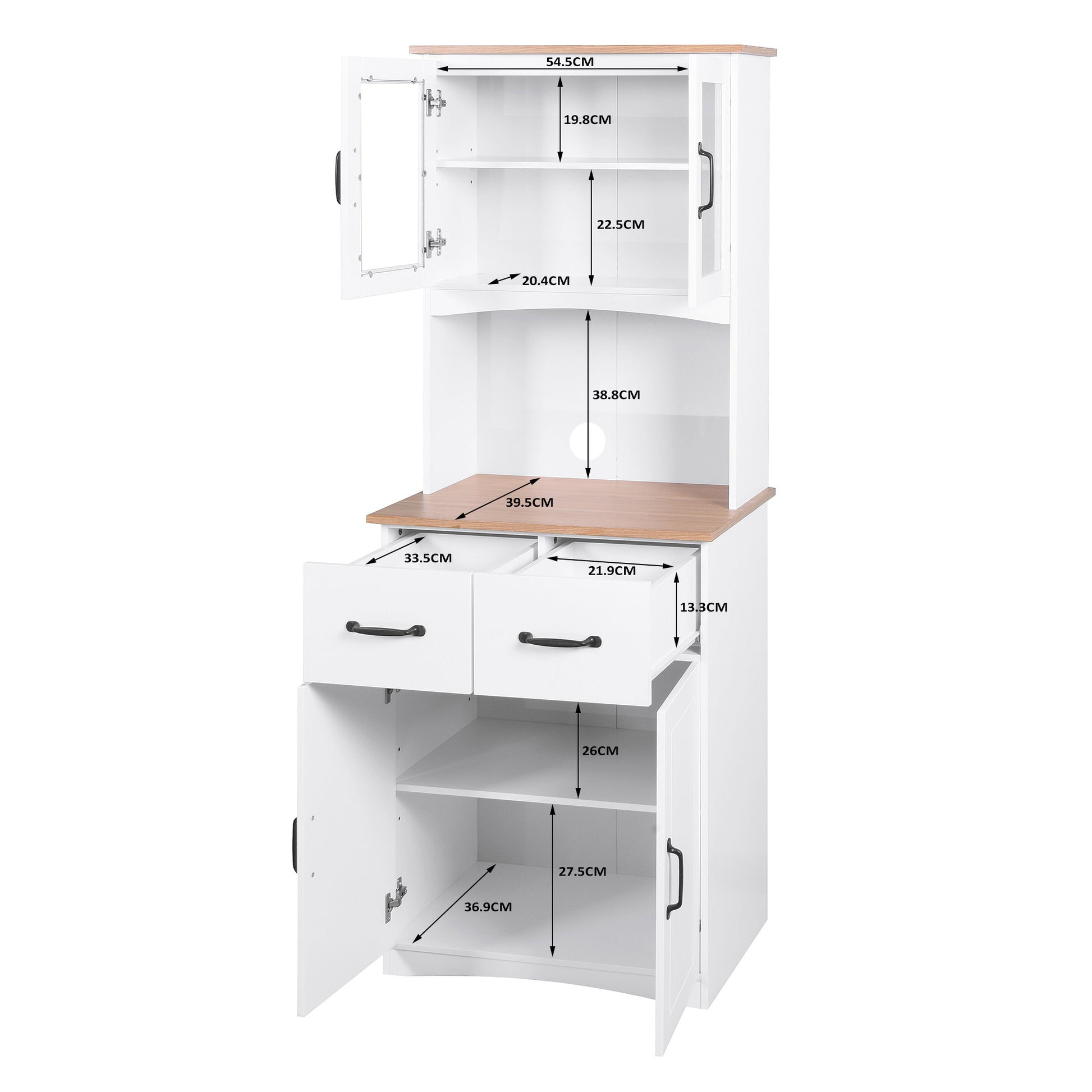 Wooden Pantry Room Microwave Storage with Framed Glass Doors and Drawer- White_6