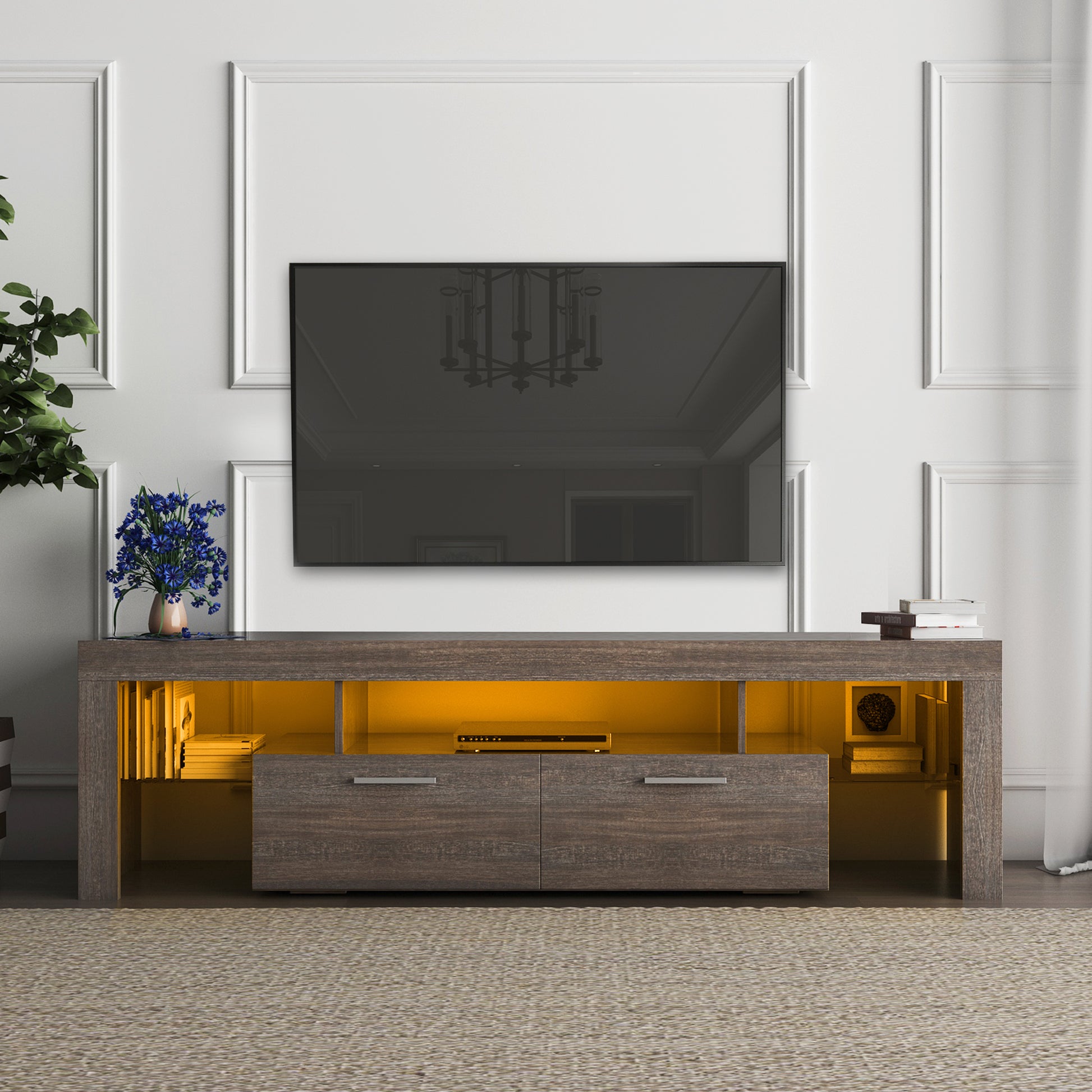 Quick Assembly Modern Television Stand with 16 Colors Remote Controlled LED Light- Brown_0