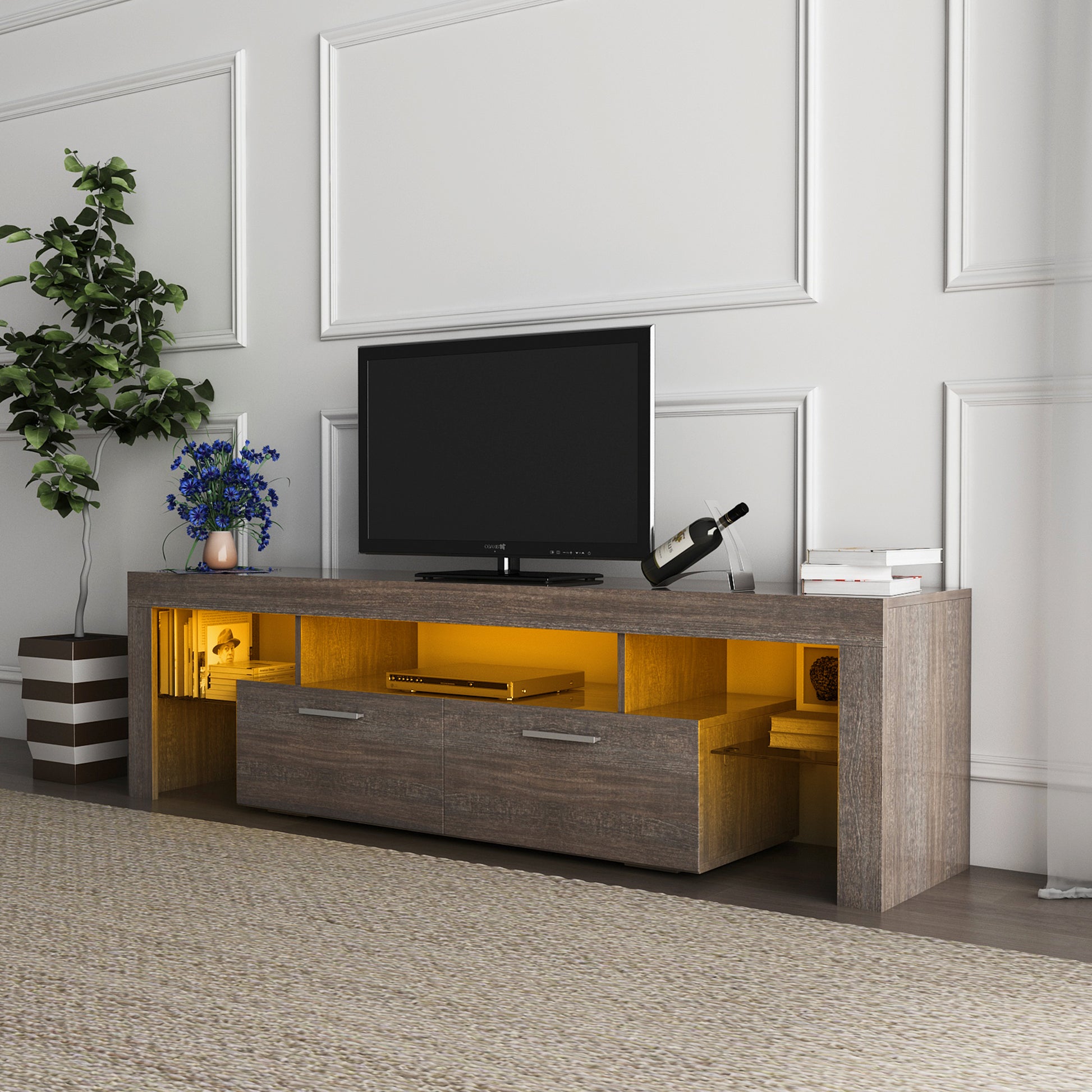 Quick Assembly Modern Television Stand with 16 Colors Remote Controlled LED Light- Brown_3