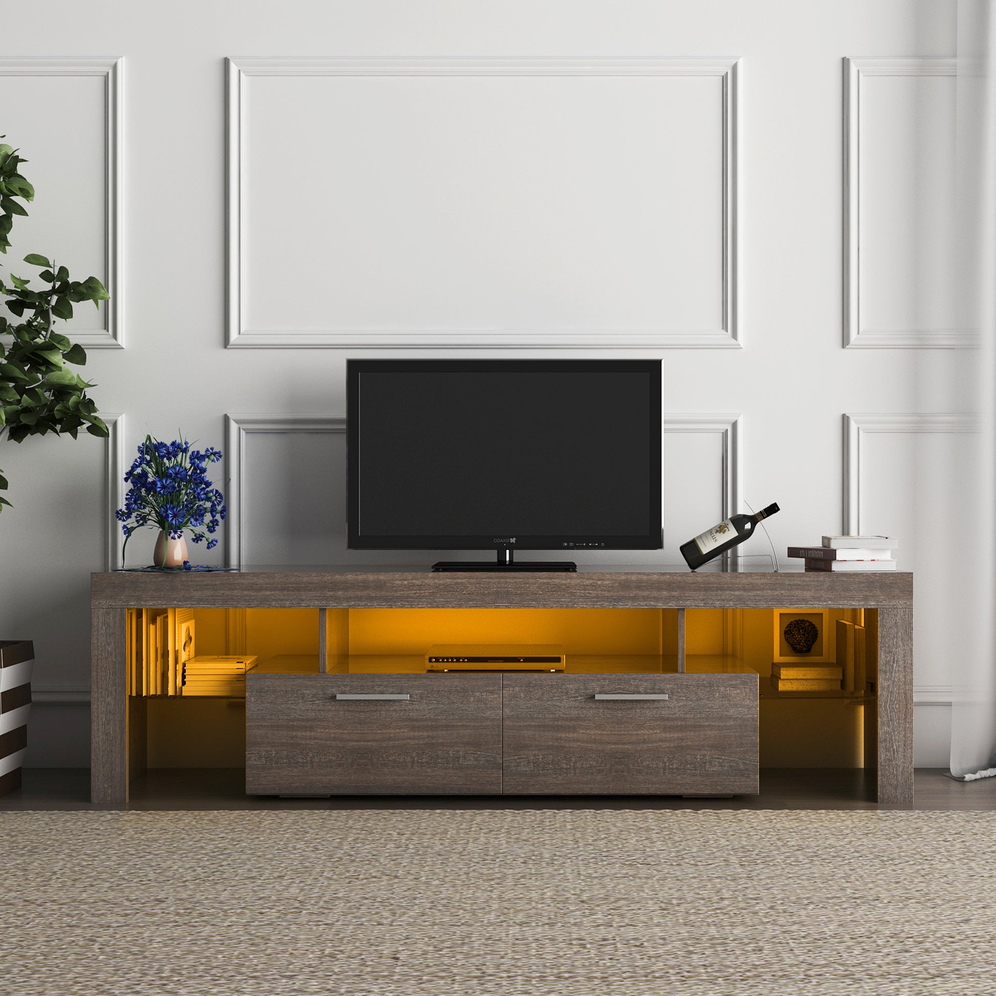 Quick Assembly Modern Television Stand with 16 Colors Remote Controlled LED Light- Brown_2