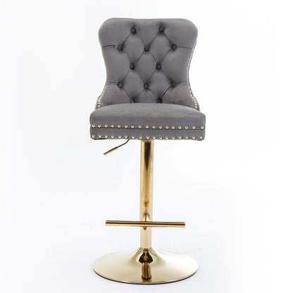 Set of 2 Height Adjustable Upholstered Tufted Velvet Armless Bar Stools with Gold Details- Gray_2