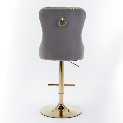 Set of 2 Height Adjustable Upholstered Tufted Velvet Armless Bar Stools with Gold Details- Gray_6