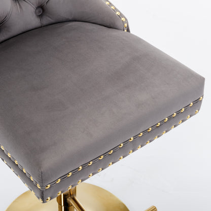 Set of 2 Height Adjustable Upholstered Tufted Velvet Armless Bar Stools with Gold Details- Gray_13