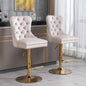 Set of 2 Height Adjustable Upholstered Tufted Velvet Armless Bar Stools with Gold Details- Beige_0