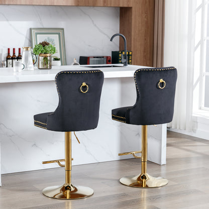 Set of 2 Height Adjustable Upholstered Tufted Velvet Armless Bar Stools with Gold Details- Black_18