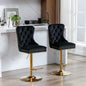 Set of 2 Height Adjustable Upholstered Tufted Velvet Armless Bar Stools with Gold Details- Black_0