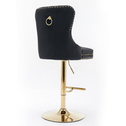 Set of 2 Height Adjustable Upholstered Tufted Velvet Armless Bar Stools with Gold Details- Black_5