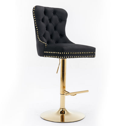 Set of 2 Height Adjustable Upholstered Tufted Velvet Armless Bar Stools with Gold Details- Black_3