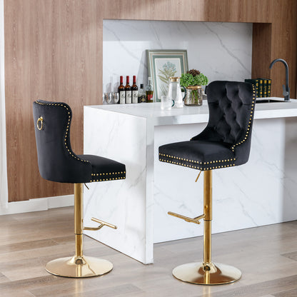 Set of 2 Height Adjustable Upholstered Tufted Velvet Armless Bar Stools with Gold Details- Black_19