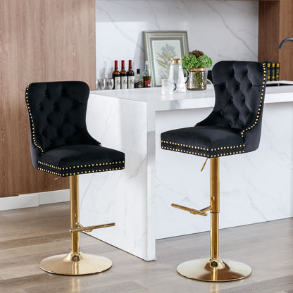 Set of 2 Height Adjustable Upholstered Tufted Velvet Armless Bar Stools with Gold Details- Black_16
