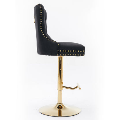 Set of 2 Height Adjustable Upholstered Tufted Velvet Armless Bar Stools with Gold Details- Black_4