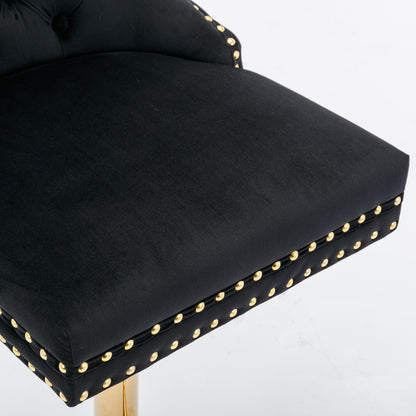 Set of 2 Height Adjustable Upholstered Tufted Velvet Armless Bar Stools with Gold Details- Black_13