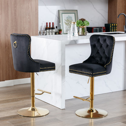 Set of 2 Height Adjustable Upholstered Tufted Velvet Armless Bar Stools with Gold Details- Black_17