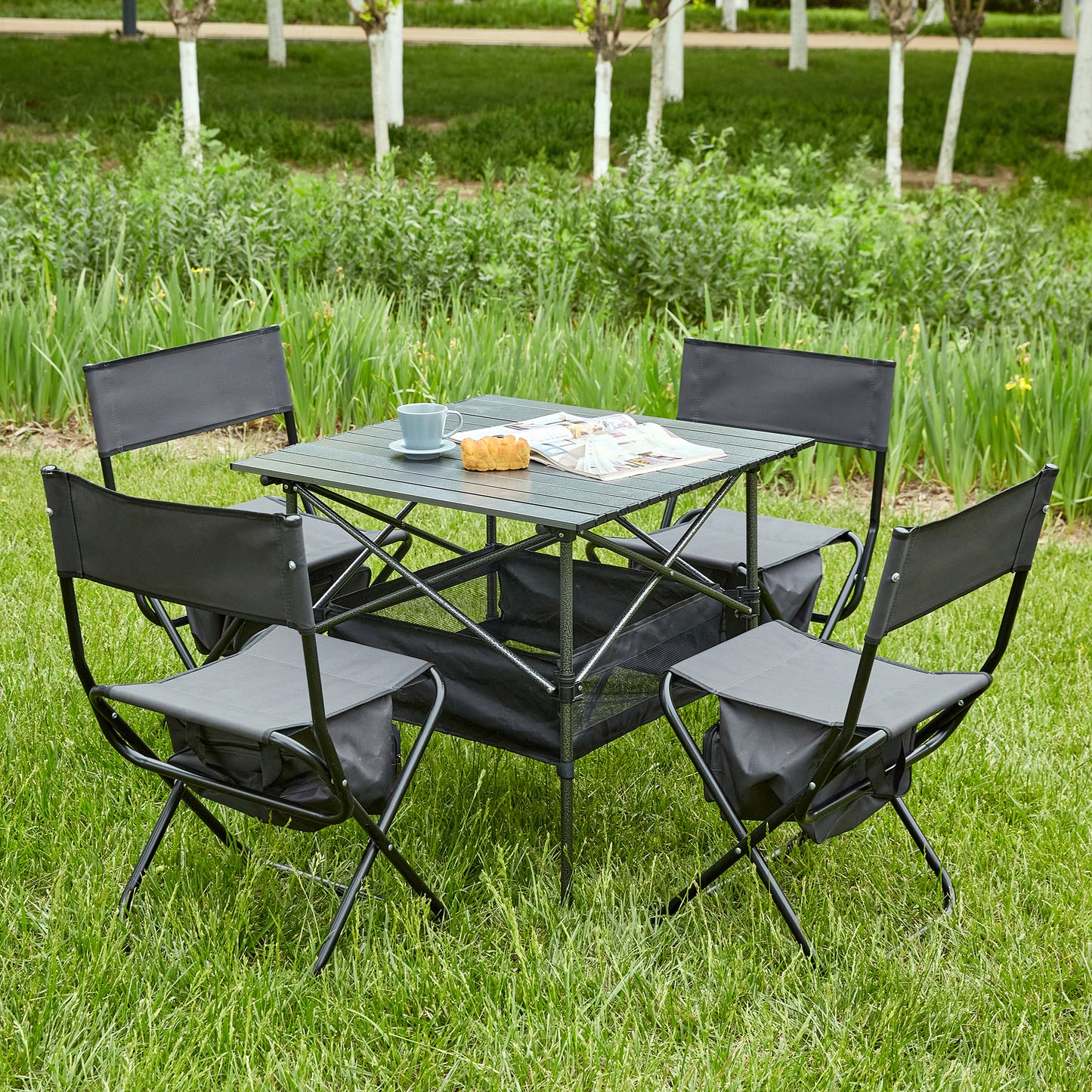 Set of 5 Outdoor Camping Foldable Chair and Roll up Portable Table- Black_2