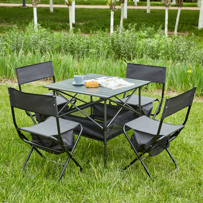 Set of 5 Outdoor Camping Foldable Chair and Roll up Portable Table- Black_2