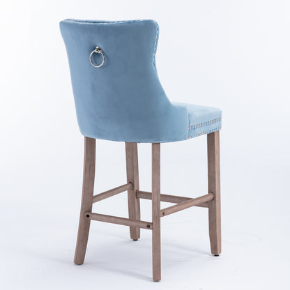2 pcs High-End Chrome Detailed Tufted Contemporary Velvet Bar Stool with Wooden Legs- Light Blue, Brown_6